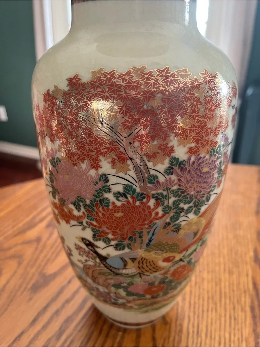 Japanese Satsuma Vase with Decorative Mums and Pheasants